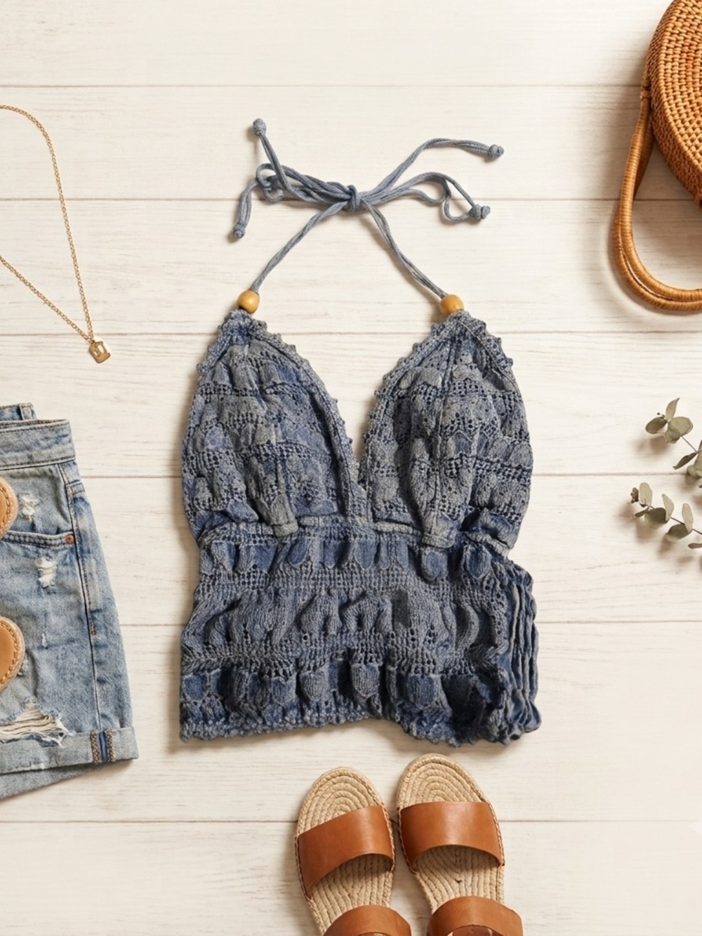 Blanco Crochet Halter Camisole Top in Denim Blue